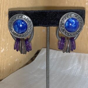 Round Blue Stone and Purple Hoop Drop Earrings - Women Jewelry